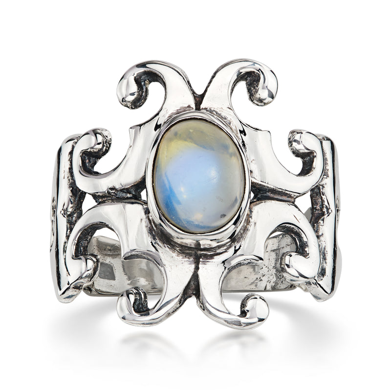 C. 1970 Vintage Moonstone Scrollwork Ring in Sterling Silver with British Hallmark. Size 6.5