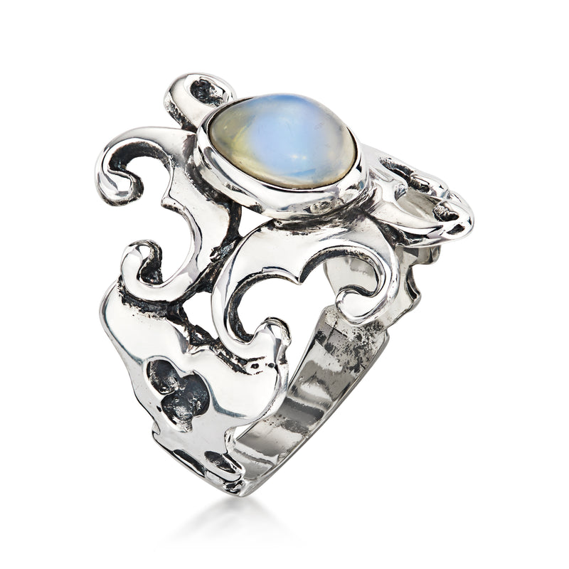 C. 1970 Vintage Moonstone Scrollwork Ring in Sterling Silver with British Hallmark. Size 6.5