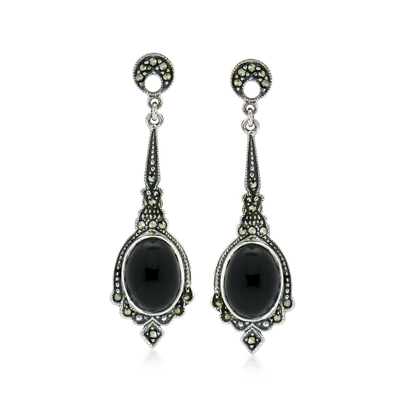 C. 2000 Vintage Judith Jack Onyx and Marcasite Drop Earrings in Sterling Silver