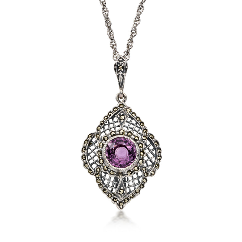 C. 2000 Vintage Judith Jack 1.50 Carat Amethyst Pendant Necklace with Marcasites in Sterling Silver. 18"