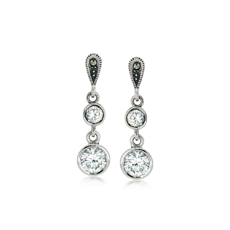 C. 1990 Vintage 2.10 ct. t.w. CZ Drop Earrings with Marcasites in Sterling Silver