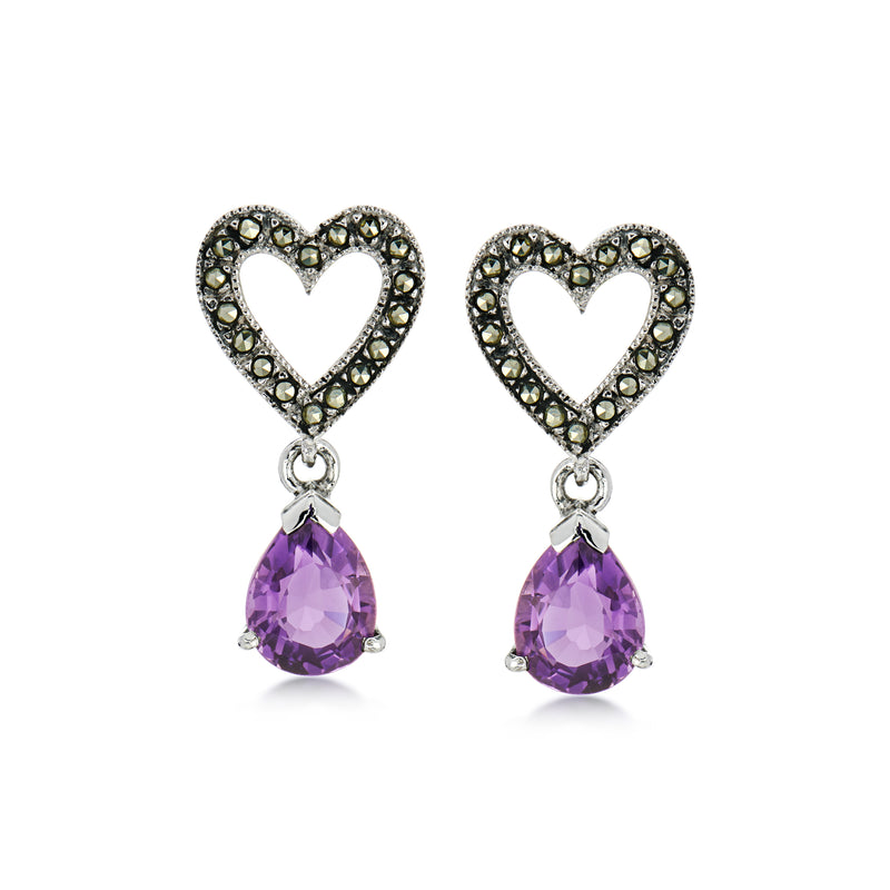 C. 1990 Vintage Judith Jack 3.70 ct. t.w. Amethyst Heart Drop Earrings with Marcasites in Sterling Silver