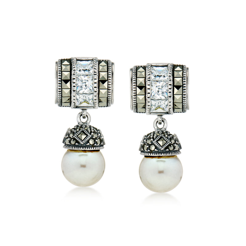 C. 1990 Vintage Judith Jack 9.8mm Simulated Pearl and 2.00 ct. t.w. CZ Drop Earrings with Marcasites in Sterling Silver