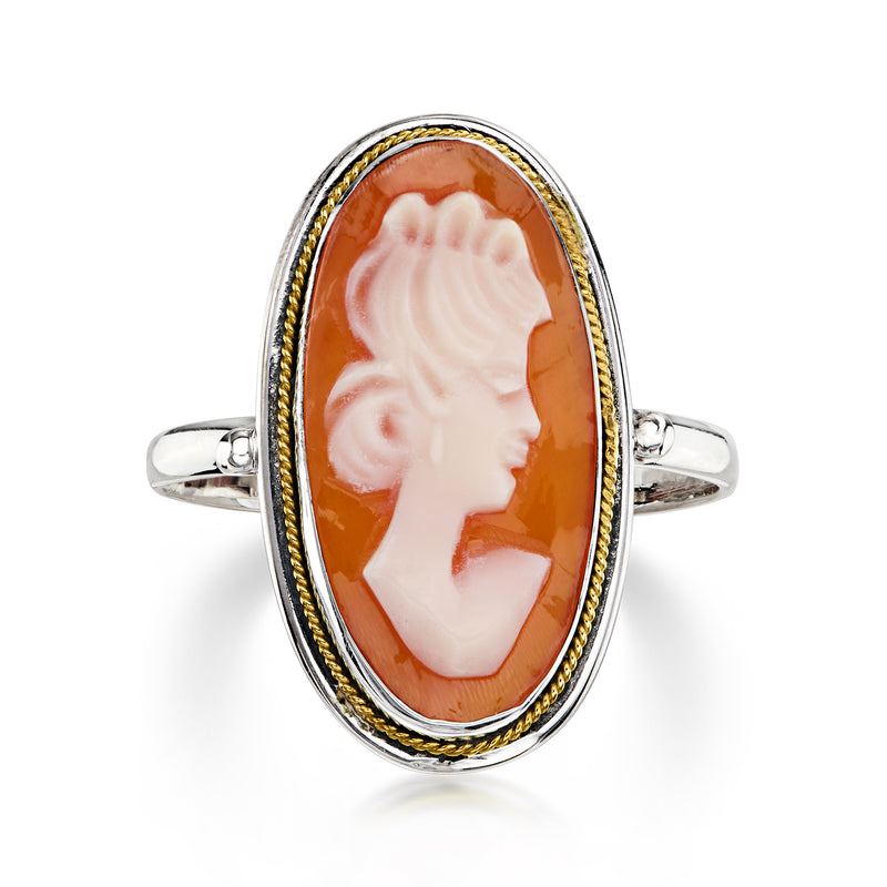 C. 1970 Vintage Orange Shell Cameo Ring in Sterling Silver. Size 7