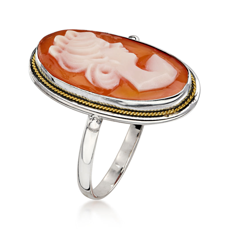 C. 1970 Vintage Orange Shell Cameo Ring in Sterling Silver. Size 7