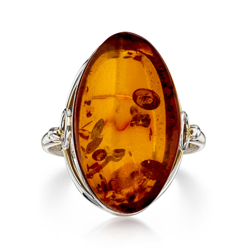 C. 1980 Vintage Amber Ring in Sterling Silver. Size 6.75