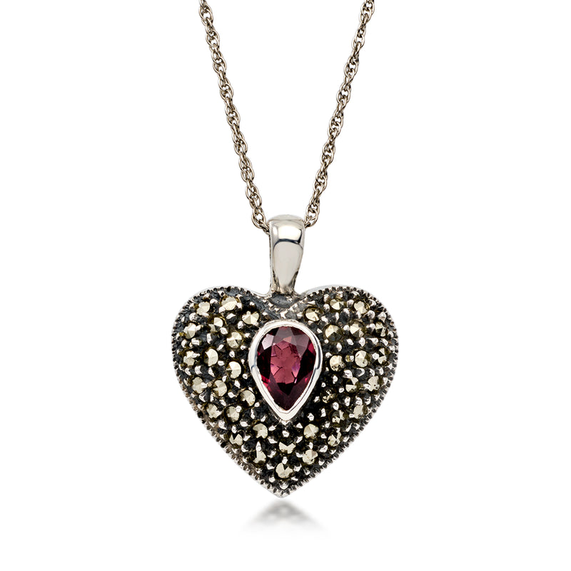 C. 1990 Vintage Judith Jack .60 Carat Garnet Heart Pendant Necklace with Marcasites in Sterling Silver. 18"