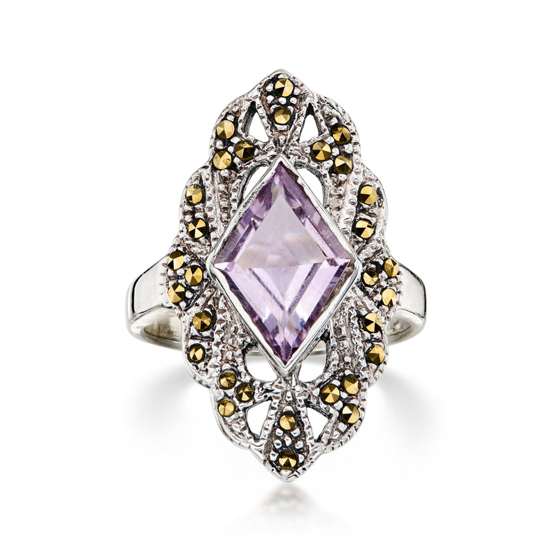 C. 1990 Vintage 2.50 Carat Amethyst Openwork Ring with Marcasites in Sterling Silver. Size 7