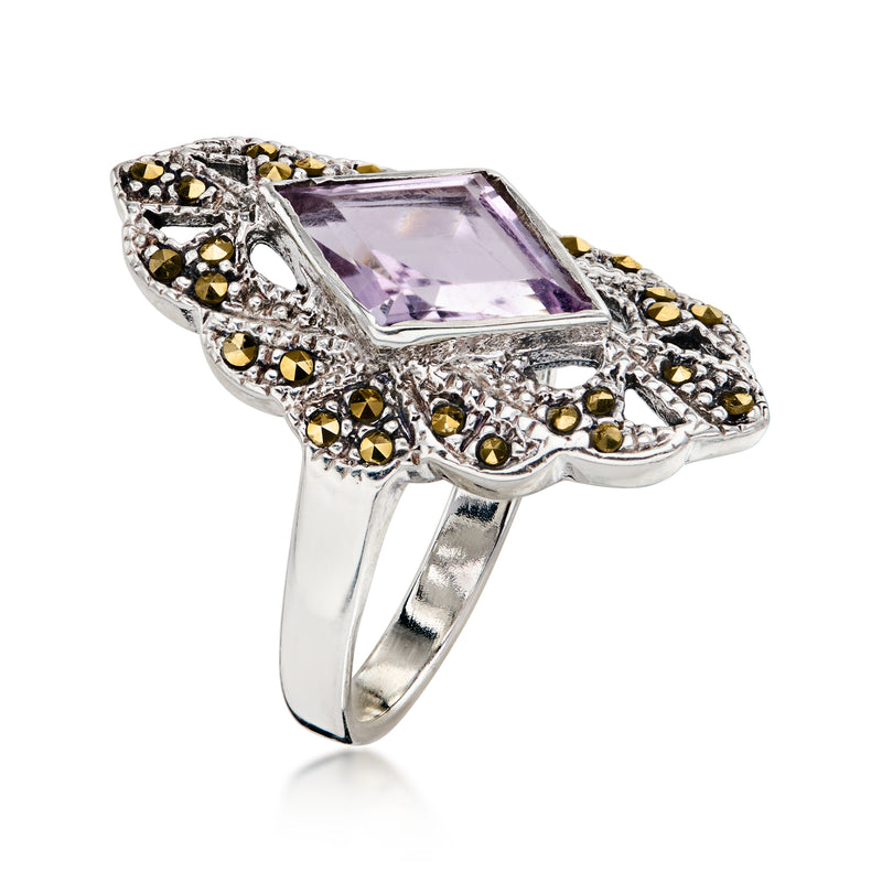 C. 1990 Vintage 2.50 Carat Amethyst Openwork Ring with Marcasites in Sterling Silver. Size 7