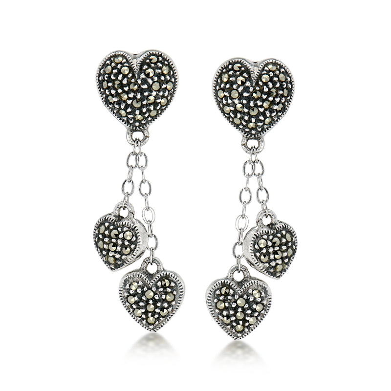 C. 1990 Vintage Judith Jack Marcasite Heart Drop Earrings in Sterling Silver