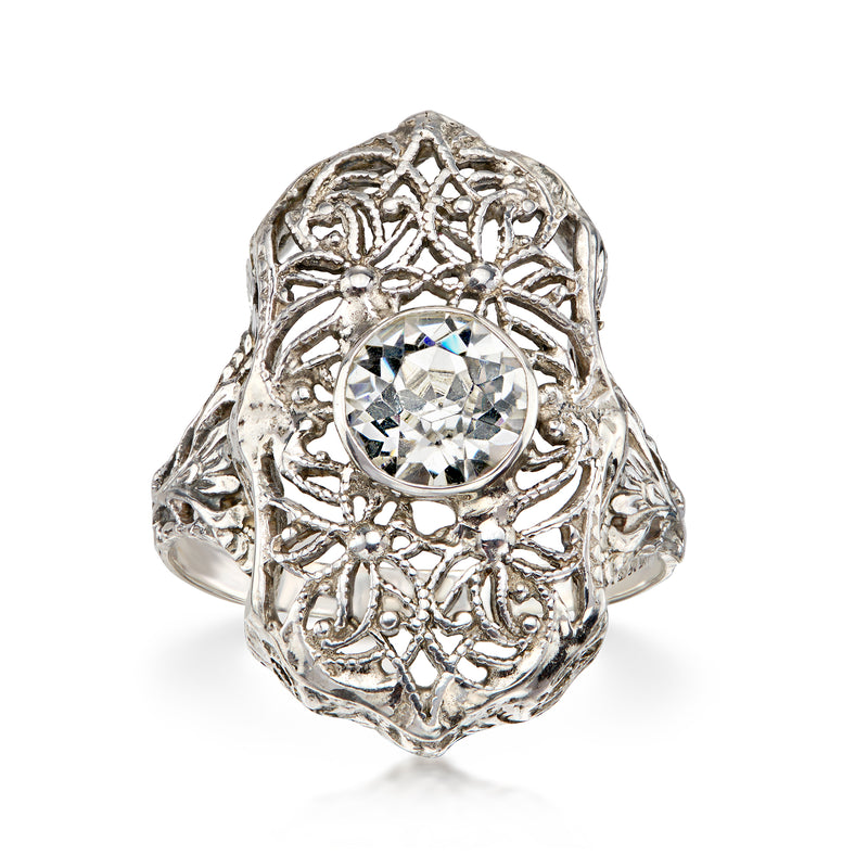 C. 1950 Vintage 1.25 Carat Simulated White Spinel Filigree Ring in Sterling Silver. Size 7.5