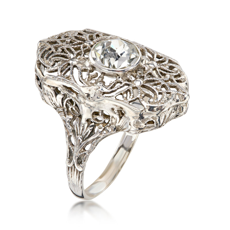 C. 1950 Vintage 1.25 Carat Simulated White Spinel Filigree Ring in Sterling Silver. Size 7.5