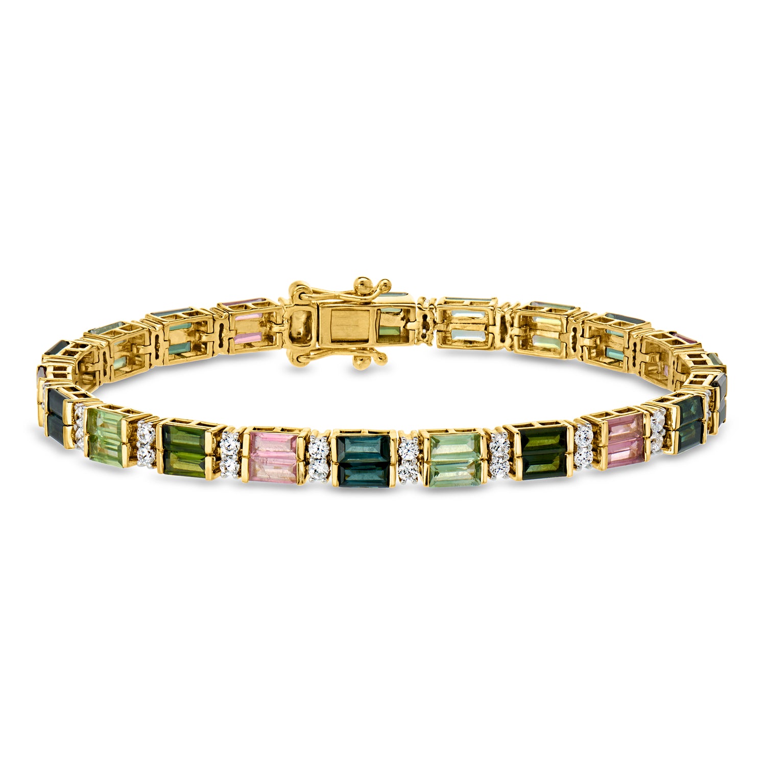 9.00 ct. t.w. Multicolored Tourmaline and 2.10 ct. t.w. White Zircon Bracelet in 18kt Gold Over Sterling