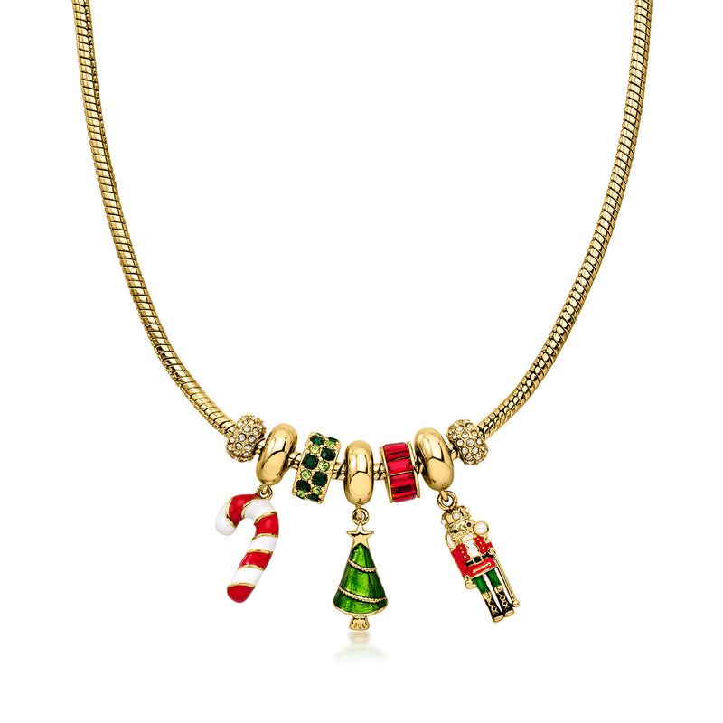 14kt Yellow Gold-Plated Christmas Bead Charm Necklace with Simulated Gems/Pearls. 18"