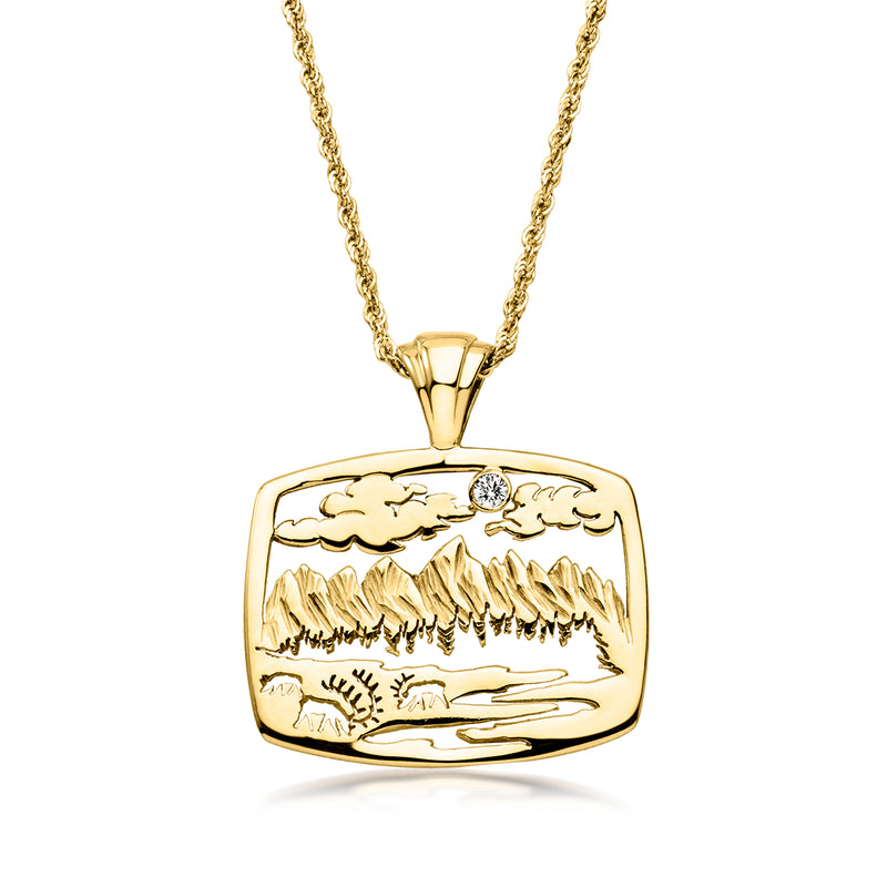 C. 1990 Vintage 14kt Yellow Gold Mountain Scene Pendant Necklace with Single Diamond. 18"