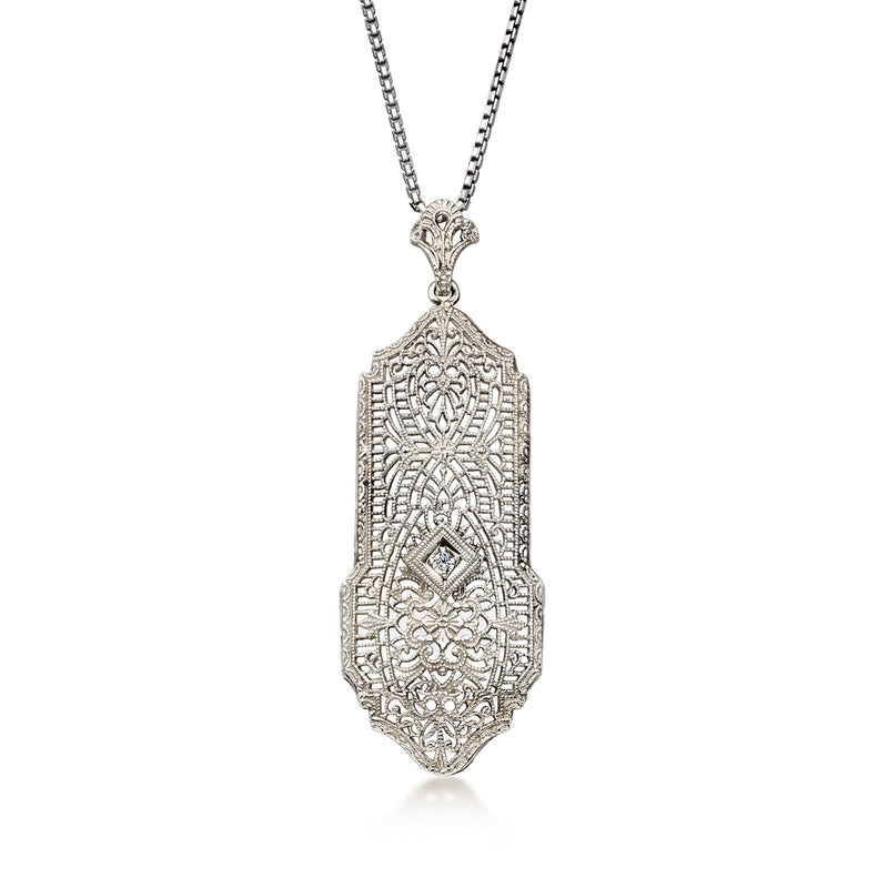 C. 1980 Vintage Sterling Silver Filigree Pendant Necklace with Single CZ. 18"