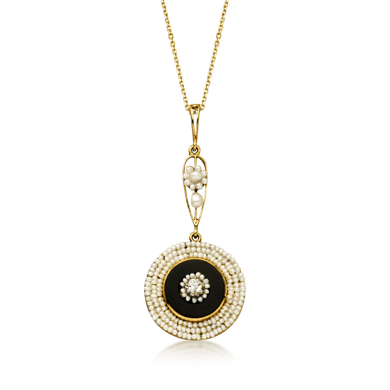 C. 1960 Vintage Onyx and Seed Pearl Pendant Necklace with Single Diamond in 14kt Yellow Gold. 18"
