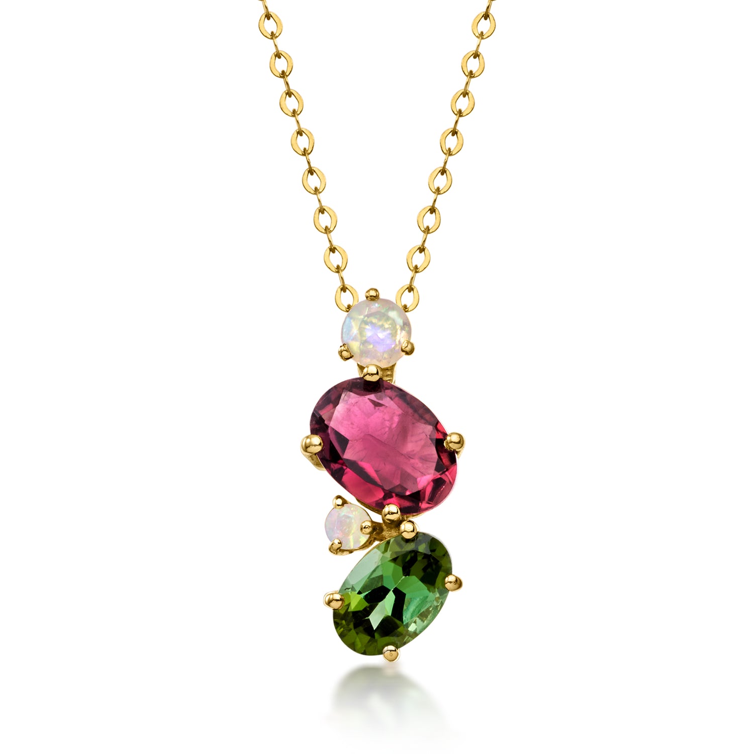 .60 Carat Pink and .50 Carat Green Tourmaline Pendant Necklace with Opals in 10kt Yellow Gold