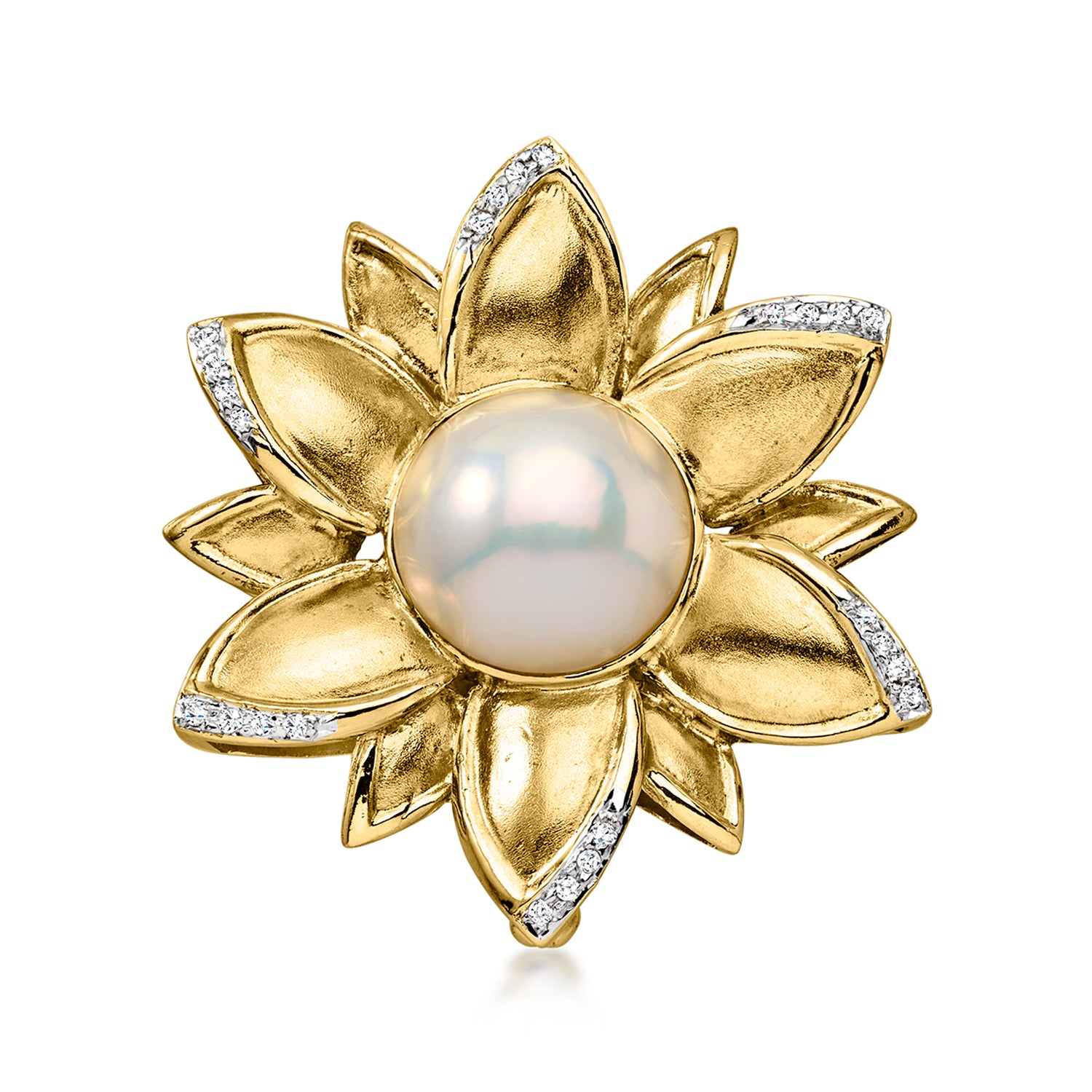 C. 1970 Vintage 13mm Cultured Mabe Pearl Flower Pin/Pendant with .20 ct. t.w. Diamonds in 14kt Yellow Gold