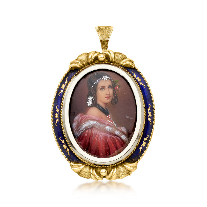 C. 1950 Vintage Painted Portrait Pin/Pendant with Diamonds and Blue Enamel in 18kt Yellow Gold