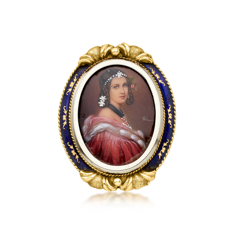 C. 1950 Vintage Painted Portrait Pin/Pendant with Diamonds and Blue Enamel in 18kt Yellow Gold