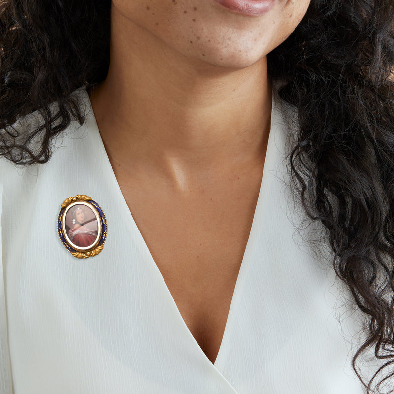 C. 1950 Vintage Painted Portrait Pin/Pendant with Diamonds and Blue Enamel in 18kt Yellow Gold
