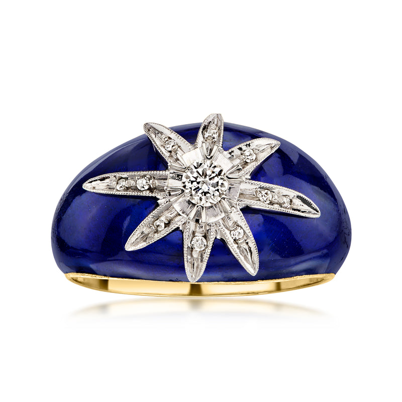 C. 1970 Vintage .15 ct. t.w. Diamond Starburst Ring with Blue Enamel in 14kt and 18kt Gold. Size 6.5