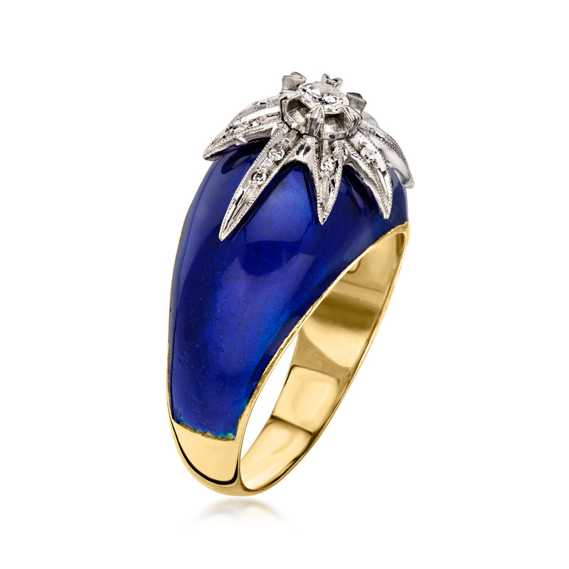C. 1970 Vintage .15 ct. t.w. Diamond Starburst Ring with Blue Enamel in 14kt and 18kt Gold. Size 6.5