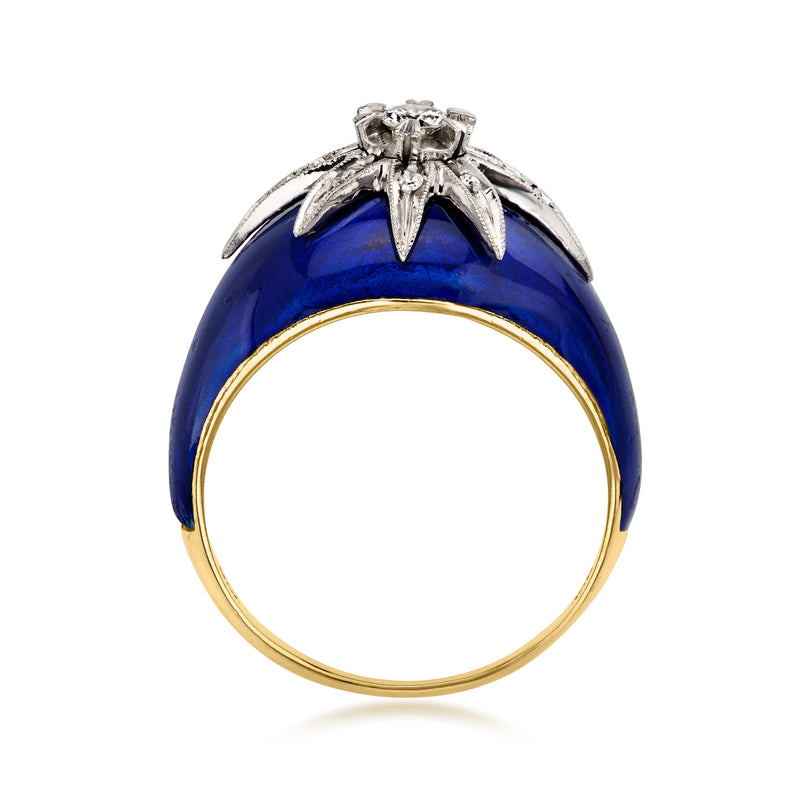 C. 1970 Vintage .15 ct. t.w. Diamond Starburst Ring with Blue Enamel in 14kt and 18kt Gold. Size 6.5
