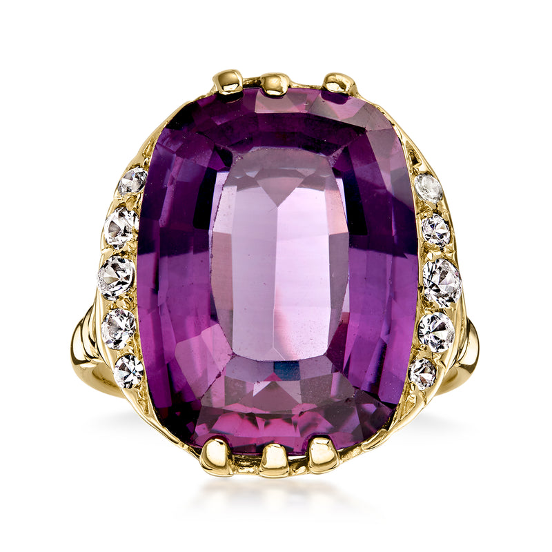 C. 1960 Vintage 15.50 Carat Synthetic Purple Sapphire Ring with .36 ct. t.w. Synthetic White Spinels in 10kt Yellow Gold. Size 7.5