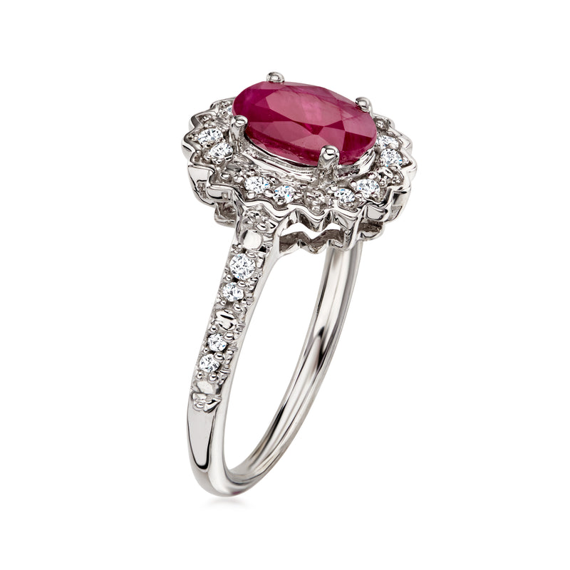 C. 2000 Vintage 1.10 Carat Ruby Ring with .20 ct. t.w. Diamonds in 10kt White Gold. Size 6