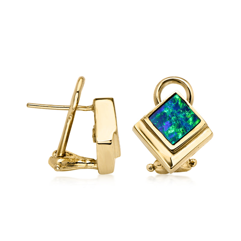 C. 1980 Vintage Black Opal Earrings in 14kt Yellow Gold