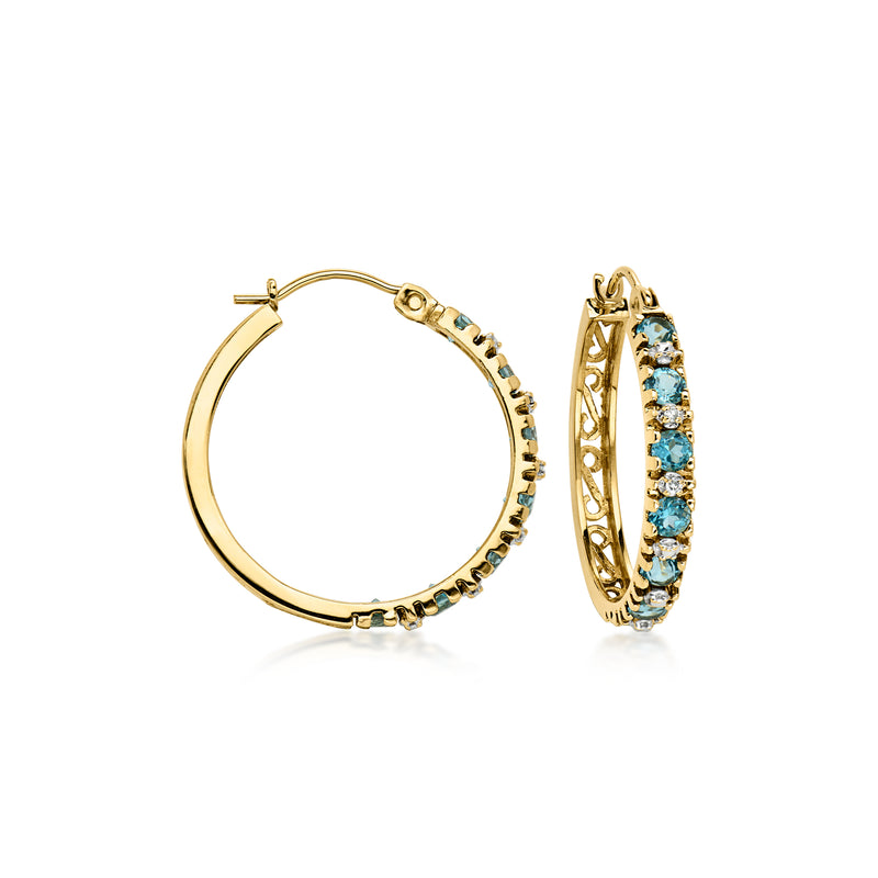 C. 1990 Vintage 1.10 ct. t.w. Sky Blue Topaz Hoop Earrings with Diamonds in 14kt Two-Tone Gold. 7/8"