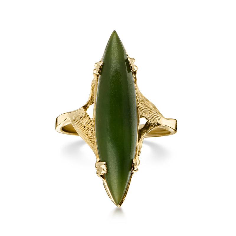 C. 1970 Vintage Nephrite Navette Ring in 14kt Yellow Gold. Size 6