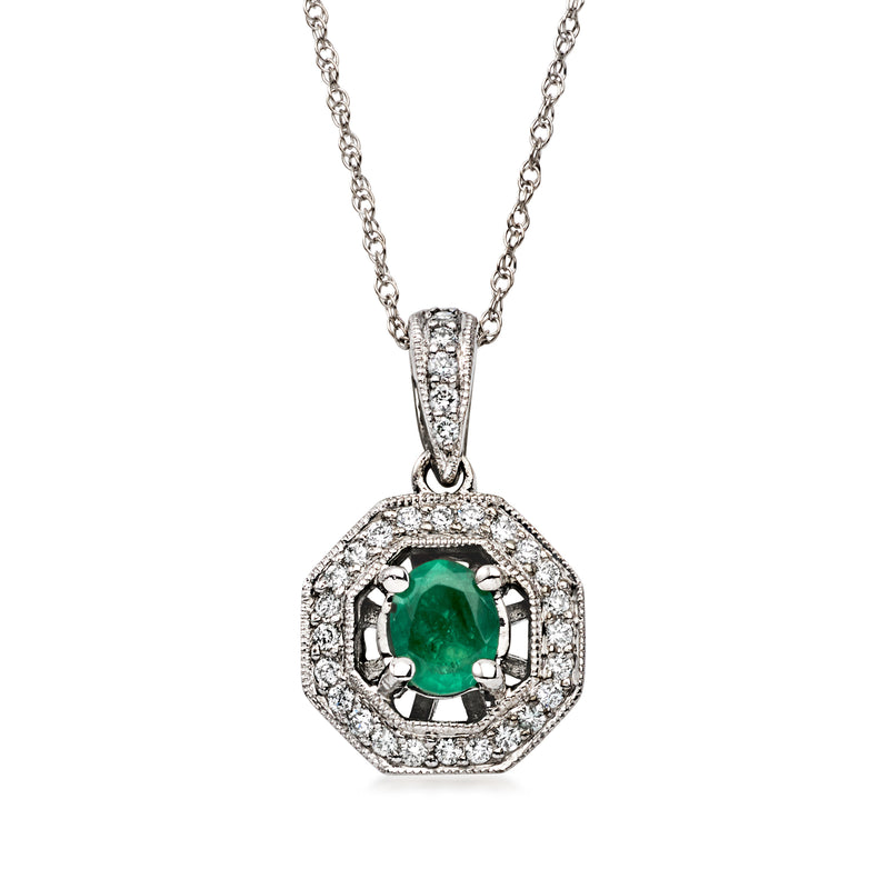 C. 1990 Vintage .25 Carat Emerald Pendant Necklace with .25 ct. t.w. Diamonds in 14kt White Gold. 18"