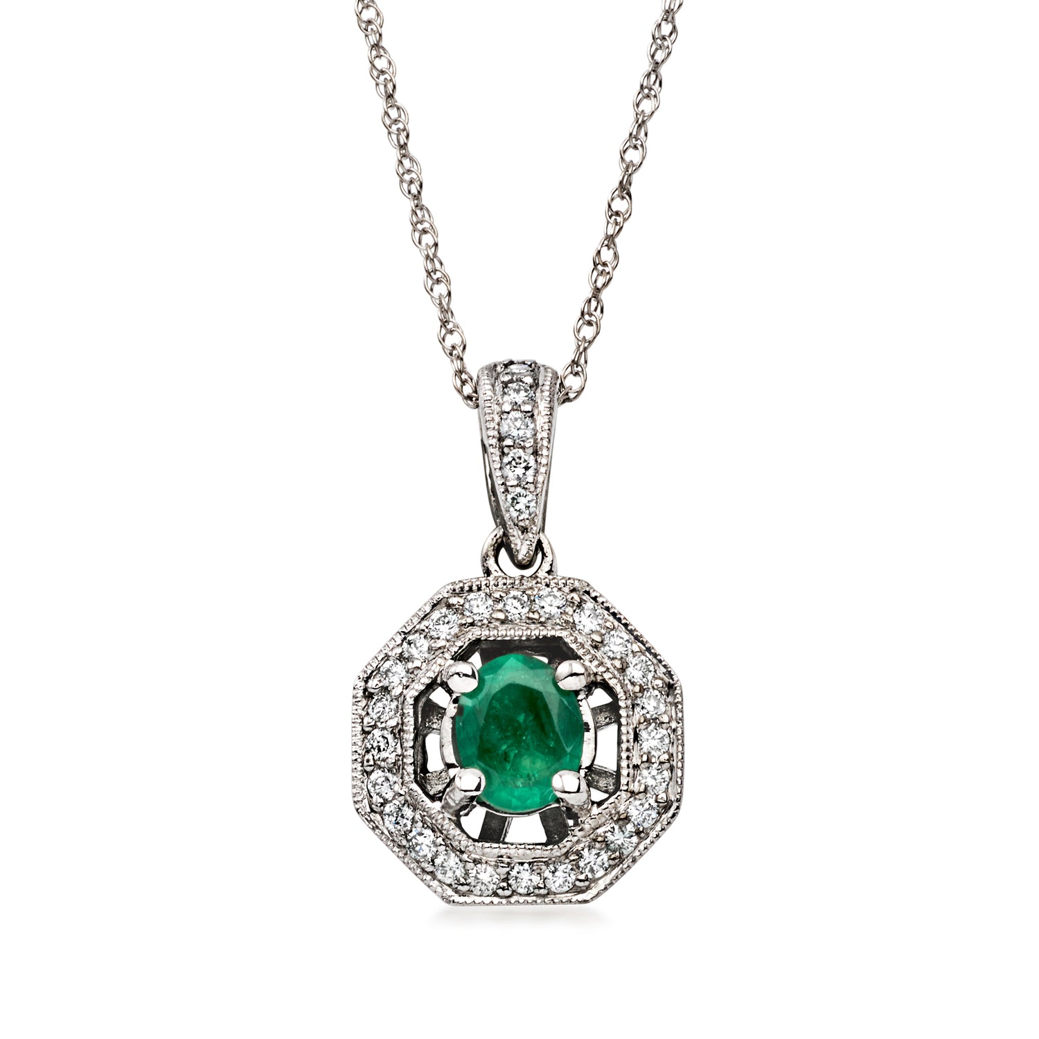 C. 1990 Vintage .25 Carat Emerald Pendant Necklace with .25 ct. t.w. Diamonds in 14kt White Gold