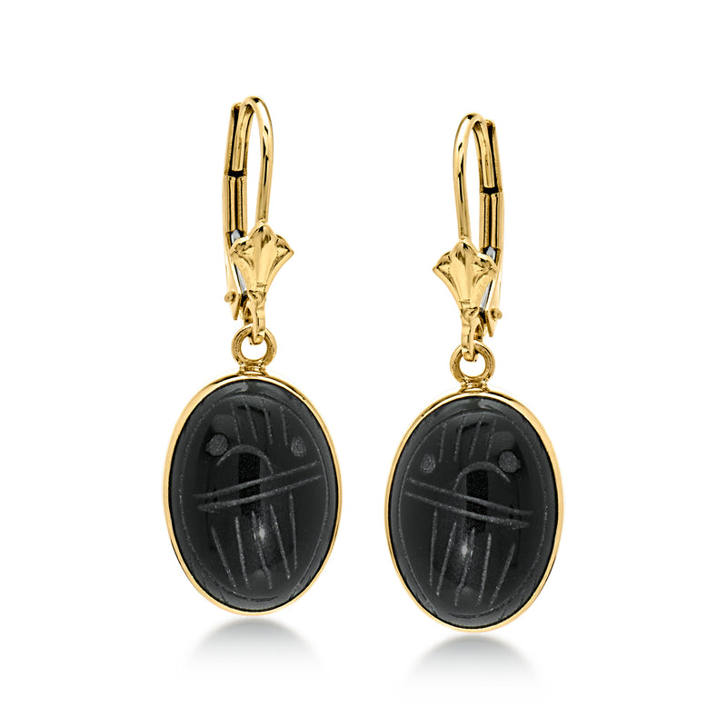 C. 1970 Vintage Onyx Scarab Drop Earrings in 14kt Yellow Gold