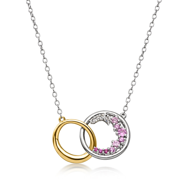 .20 ct. t.w. Lab-Grown Pink Sapphire Interlocking Circle Necklace with Lab-Grown Diamonds and Lab-Grown Rubies in Sterling Silver and 10kt Yellow Gold