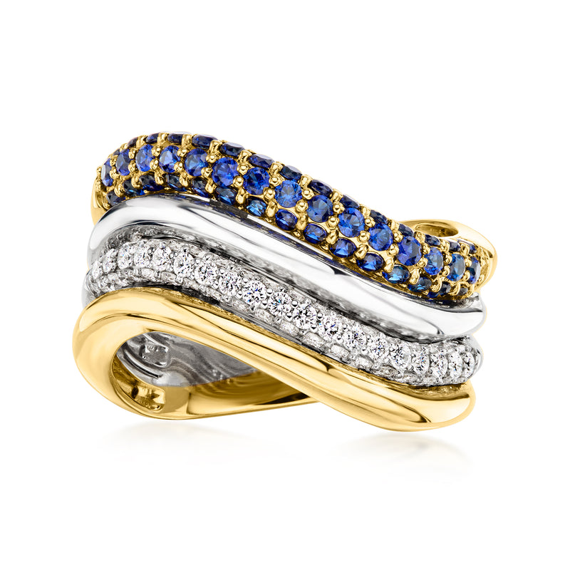 .90 ct. t.w. Lab-Grown Sapphire and .55 ct. t.w. Lab-Grown Diamond Multi-Row Curved Ring in Sterling Silver and 18kt Gold Over Sterling
