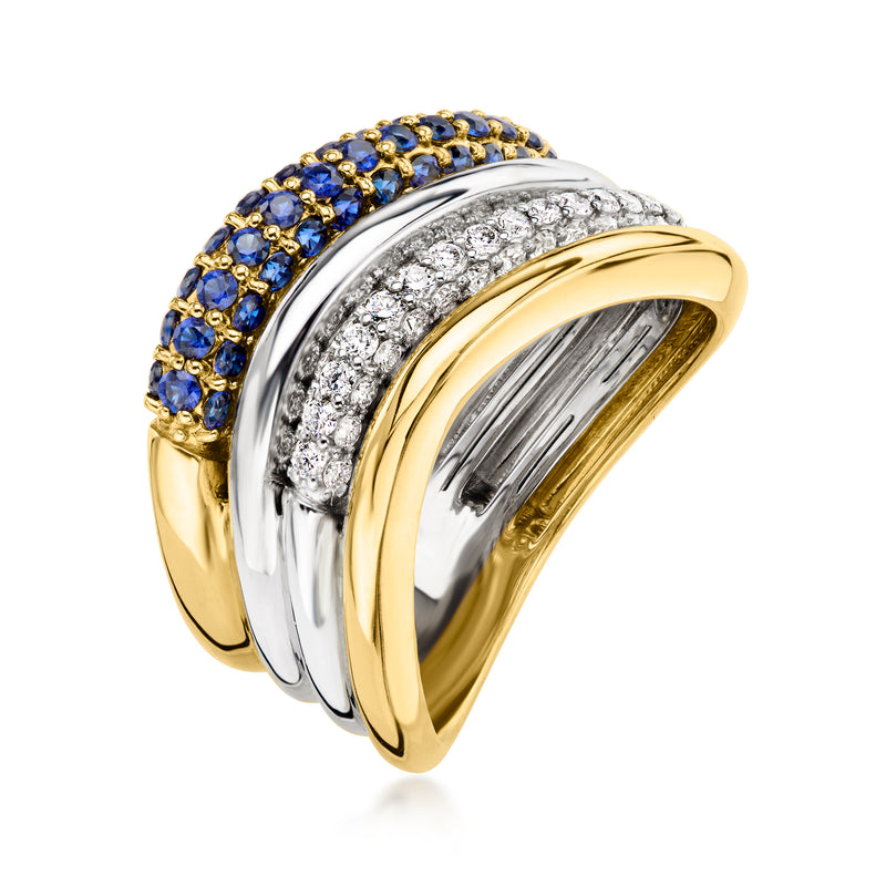 .90 ct. t.w. Lab-Grown Sapphire and .55 ct. t.w. Lab-Grown Diamond Multi-Row Curved Ring in Sterling Silver and 18kt Gold Over Sterling