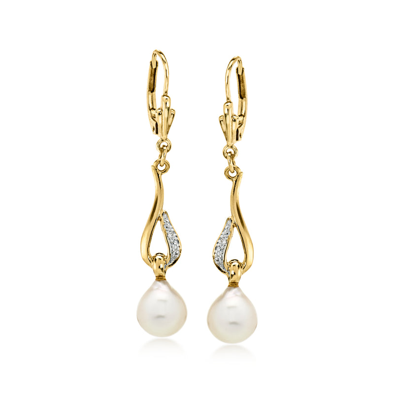 C. 1990 Vintage 7mm Cultured Pearl Drop Earrings with Diamonds in 14kt Yellow Gold