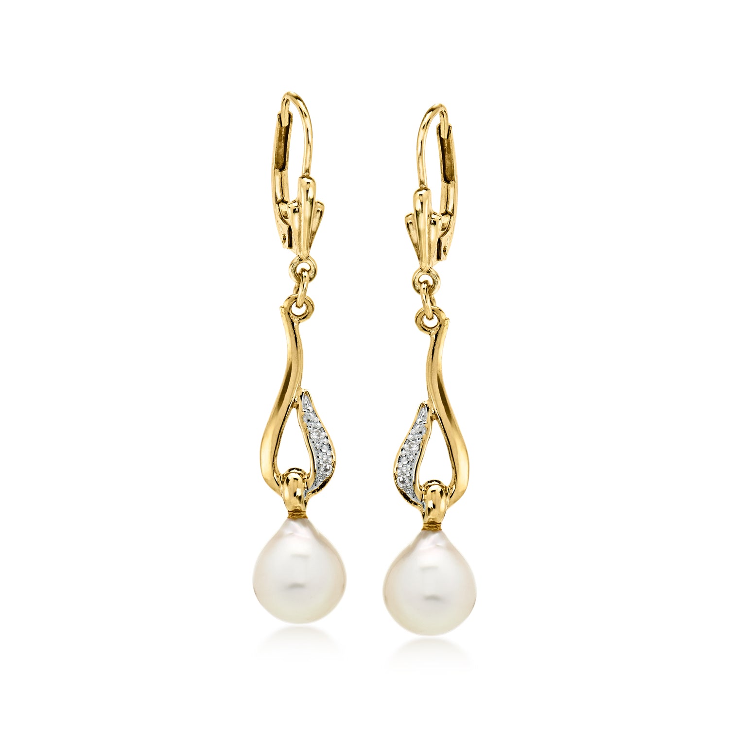 C. 1990 Vintage 7mm Cultured Pearl Drop Earrings with Diamonds in 14kt Yellow Gold