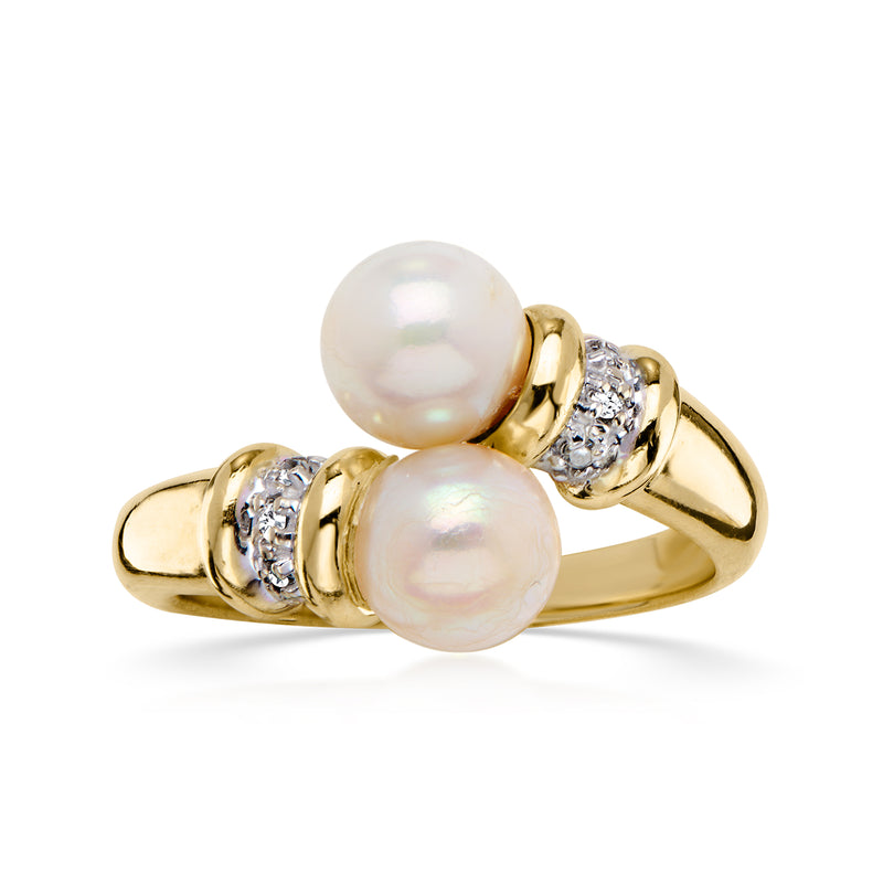 C. 1990 Vintage 6.5mm Cultured Pearl Bypass Ring with Diamonds in 10kt Yellow Gold. Size 5.5