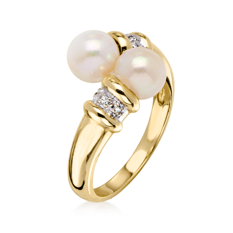 C. 1990 Vintage 6.5mm Cultured Pearl Bypass Ring with Diamonds in 10kt Yellow Gold. Size 5.5