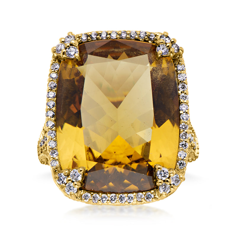 C. 1990 Vintage Judith Ripka 19.00 Carat Citrine Ring with 1.00 ct. t.w. Diamonds in 18kt Yellow Gold. Size 6