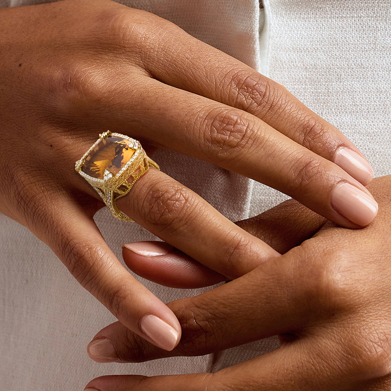 C. 1990 Vintage Judith Ripka 19.00 Carat Citrine Ring with 1.00 ct. t.w. Diamonds in 18kt Yellow Gold. Size 6