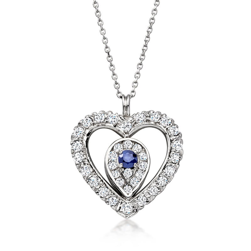 C. 1980 Vintage .20 Carat Sapphire and 1.07 ct. t.w. Diamond Heart Pendant Necklace in 14kt White Gold. 18"