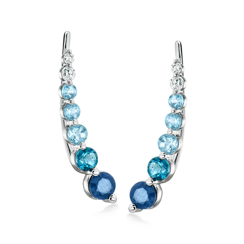 2.30 ct. t.w. Tonal Blue Multi-Gemstone and .15 ct. t.w. Lab-Grown Diamond Ear Climbers in Sterling Silver