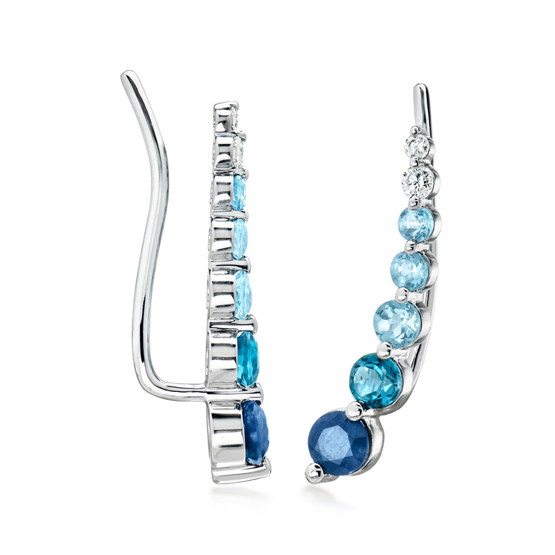 2.30 ct. t.w. Tonal Blue Multi-Gemstone and .15 ct. t.w. Lab-Grown Diamond Ear Climbers in Sterling Silver