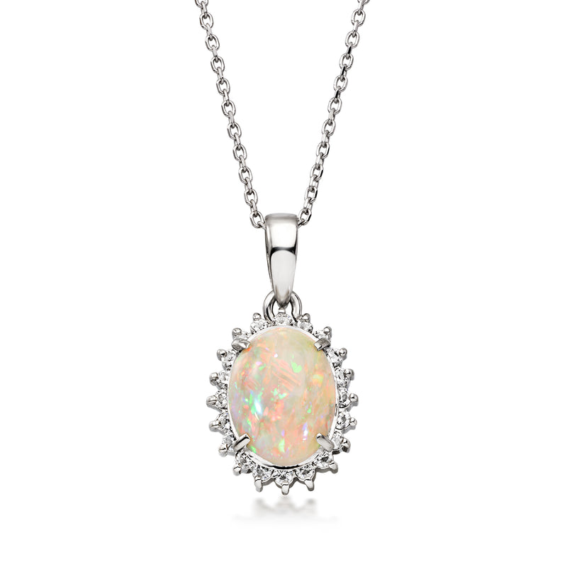 C. 1990 Vintge Opal Pendant Necklace with .28 ct. t.w. Diamonds in Platinum. 18"